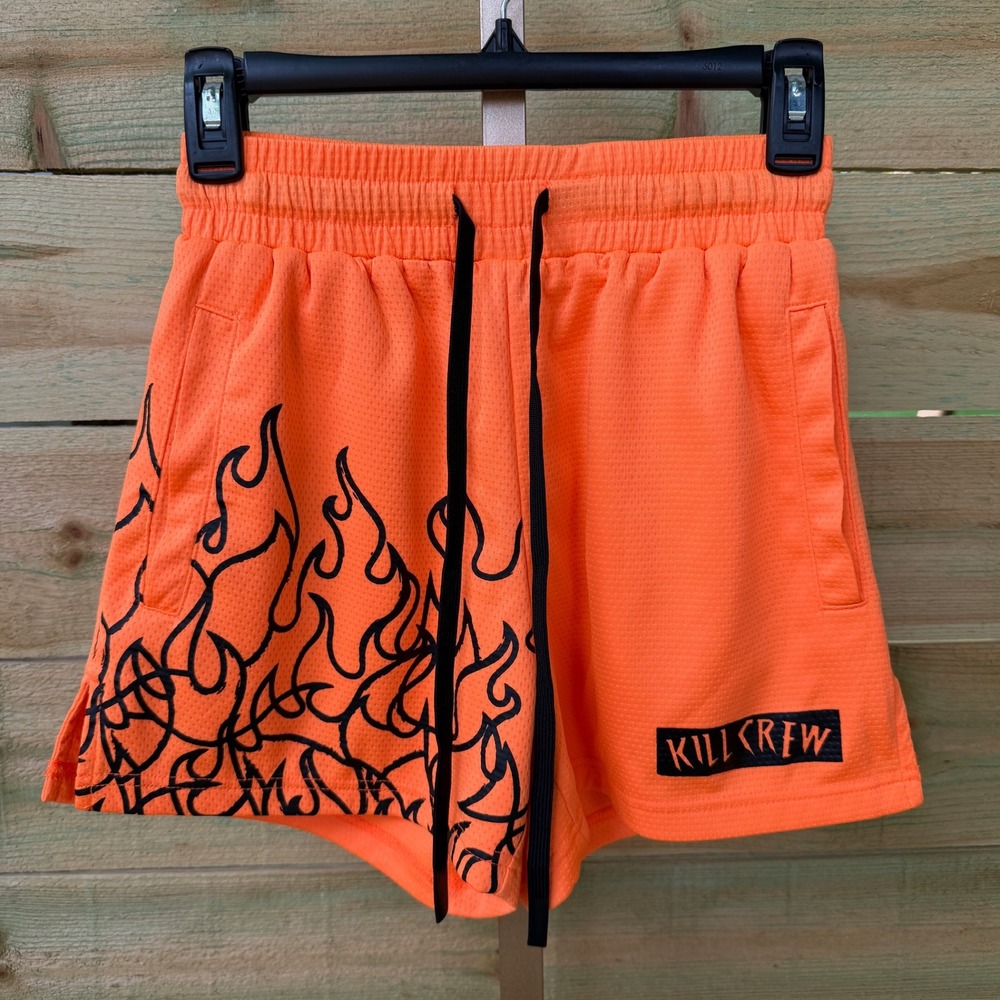 Kill Crew Mesh Shorts Men Small Orange Flame Graphic Streetwear Gym Athletic MMA